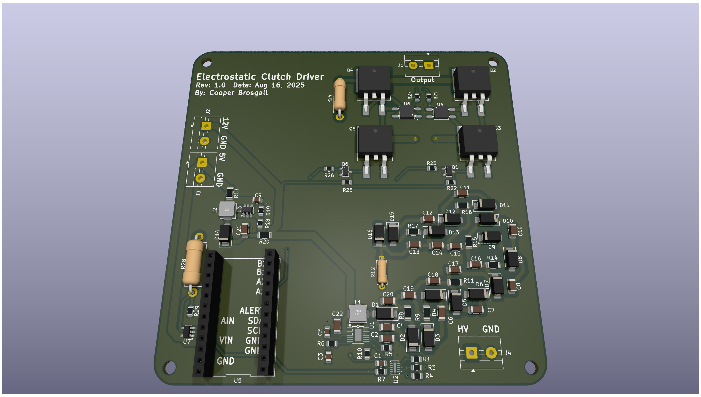 Render of an electrostatic clutch driver PCB